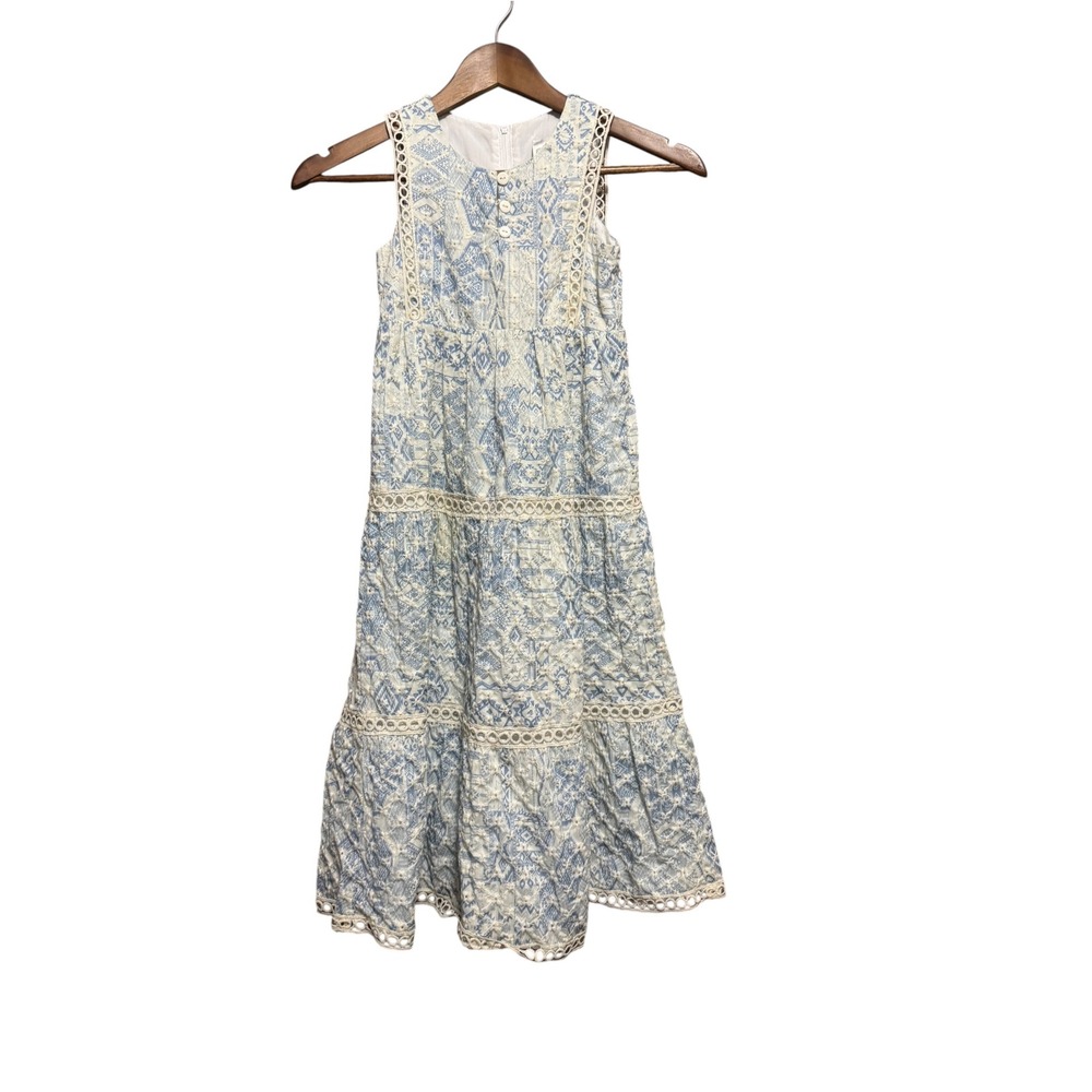 Rare Editions Maxi Dress Kids 6X Blue White Excellent Boho Embroidered Tiered